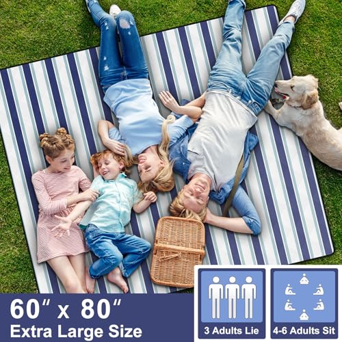60x80" Picnic Blankets Outdoor XL Giant Waterproof Sandproof Beach Blanket Lightweight Foldable Camping Sand Mat Summer Glamping Camp Equipment Gifts Travel Trailer Hawaii Vacation Accessories - color: Blue Stripes, size: 6'8" x 5' (Rectangular)