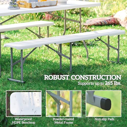 Outsunny 2-Pack 6 Ft. Plastic Folding Benches, Portable Foldable Bench Seats with Carrying Handle, Non-Slip Mat, HDPE Tabletop, Picnic Benches for Camping Dining Picnic BBQ Sports, White - color: White