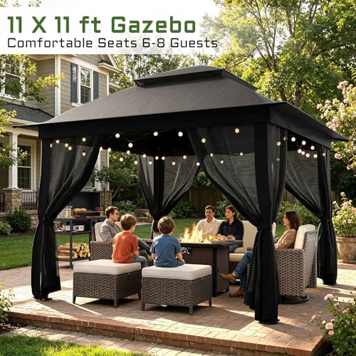 11'X11' Gazebo Pop Up with 4 Sidewalls Mosquito Netting, Heavy Duty Patio Gazebo Canopy Tent with Double Air Roofs for Backyards, Patios, Decks, Gardens, Parks - color: Black Top