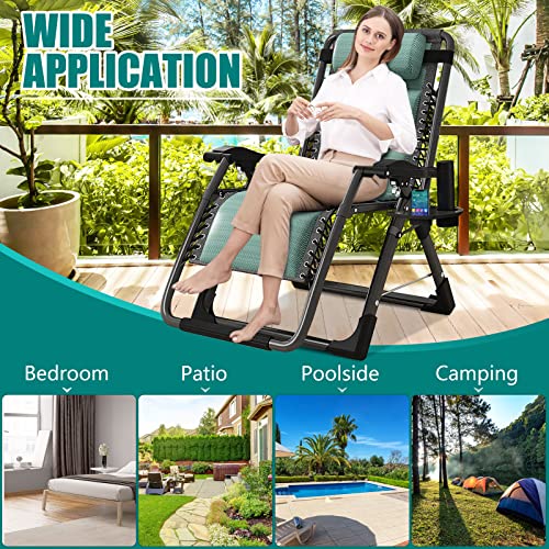 DoCred Zero Gravity Chair, Lawn Recliner, Reclining Patio Lounger Chair, Folding Portable Chaise with Detachable Headrest and Cup Holder Cool Green - color: Cool Green, style: Zero Gravity Chair