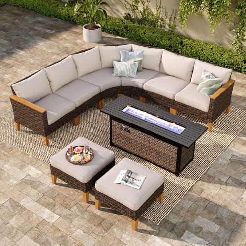 PHI VILLA 8-Piece Curved Patio Furniture Set with Fire Pit Table, Outdoor Wicker Half-Moon Sectional Sofa with Cushions, 56” Gas Fire Pit Table and Ottomans, Beige - color: Beige+fire Pit, size: 8 Seats - Curved