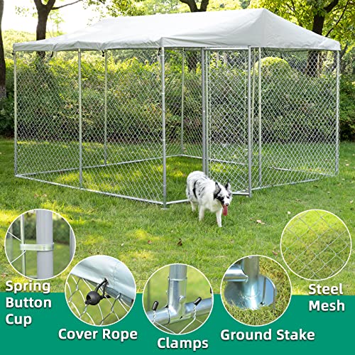 VIVIJASON Outdoor Large Dog Kennel Heavy Duty Fence Dog Cage with Galvanized Chain Link, Outside Pen Playpen Dog Run House with UV & Waterproof Cover and Secure Lock for Backyard(9.84'Lx9.84'Wx7.21'H) - color: 9.84'Lx9.84'Wx7.21'H