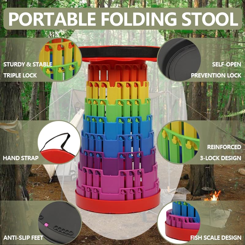 JAEMEYEM Collapsible Stool Chair, Upgraded Folding Stool for Adults Lightweight, Sturdy, Adjustable, Portable, Foldable Seat Sturdy Stools for Outdoor Camping Fishing Hiking Gardening BBQ - color: Red Rainbow, size: 1 pack