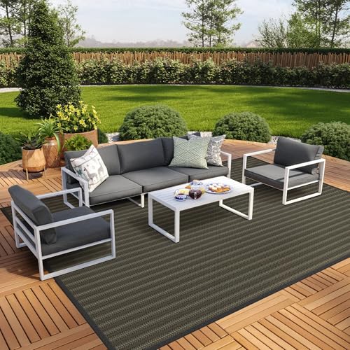 GENIMO Outdoor Rug 10x14 ft Waterproof, Reversible Plastic Straw Patio Rug for RV Camping Mat, Deck, Backyard Balcony Mat - Lightweight & Easy to Clean, Black & Brown - color: Blackbrown-w, size: 10' x 14' (Rectangular)