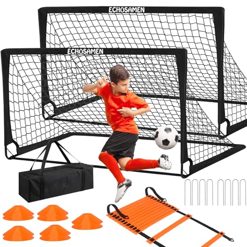 Kids Soccer Goals for Backyard, 2 of 6 x 4 ft Kids Soccer Goal Set Soccer Net with 10 Soccer Cones, Agility Ladder & Carry Bag, Portable Soccer Training Equipment. - color: Black