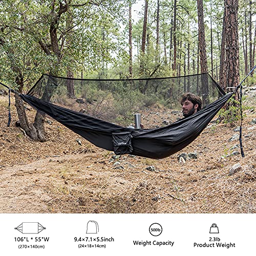 Sunyear Hammock Camping with Rain Fly Tarp and Net, Portable Camping Hammock Double Tree Hammock Outdoor Indoor Backpacking Travel & Survival, 2 Tree Straps,100% Waterproof - color: Black（no Rain Fly）, size: 55"W*106"L