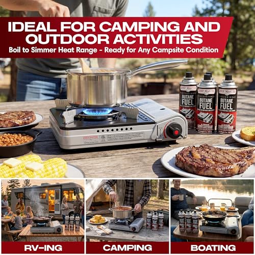 12,000 BTU Portable Butane Camping Stove with 4 x 8oz. Butane Fuel Canister Combo, Double Wind-Guard Portable Stove w/Carry Case for Road Trips, Camping, Tailgating & Emergencies by Chef Master 90235