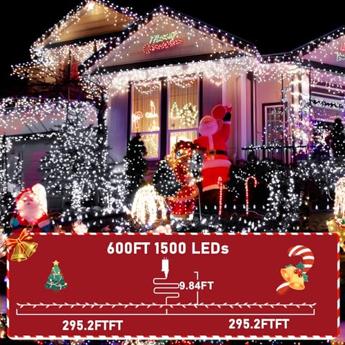 KNONEW 600ft 1500 LED String Lights Outdoor Christmas Lights 8 Modes & Timer Fairy Light Plug in Waterproof LED String Lights for Xmas Yard Tree Wedding Party Holiday Decorations (Cool White) - color: Cool White, size: 600FT 1500 LED