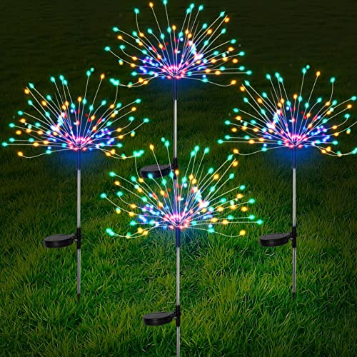 FOOING 4 Pcs Solar Garden Lights Solar Firework Lights Waterproof, 120 LED String Light 2 Modes Twinkling Fairy Nightlight for Garden, Wedding, Party, Patio, Yard, Landscape Decoration (Colorful) - style: Colorful 4 pcs-120 LED