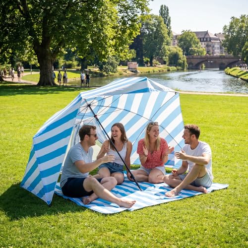 UPWELL Beach Tent Easy Set Up Canopy Sun Shelter Shade with UPF 50+UV Protection Portable Beach Umbrella Outdoor Sunwall with Sand Pockets for Fishing Backyard Camping(Sea Salt Stripe) - color: Sea Salt Stripe