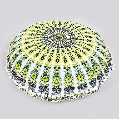 Indian Consigners Floor Cushion Covers 22" Round Mandala Ombre Zipped Ottoman Cover, Boho Puff Cover Pouffe - color: Yellow-green-blue