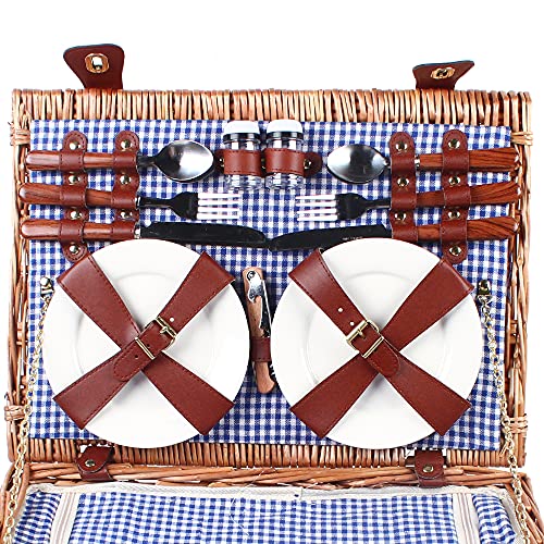 4 Person Picnic Basket, 19 Set Vintage Wicker Basket Picnic Ware Set for 4 Willow Hamper Ware Set