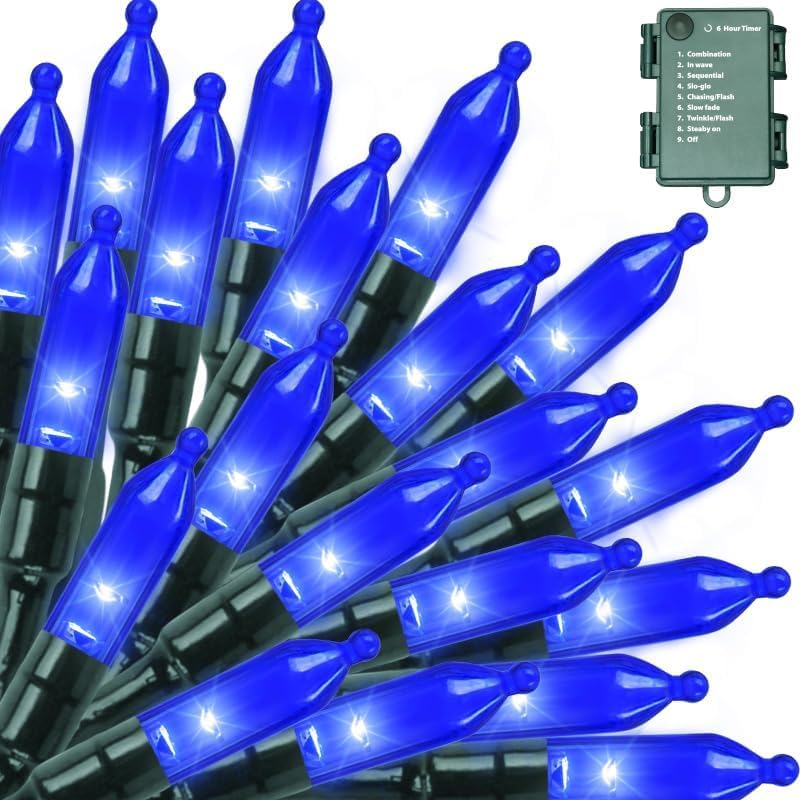 LAMPHOME 2 Pack 50 LED Blue Christmas Lights Outdoor, 16 FT Mini String Lights with 9 Modes & 6 Hour Timer, Waterproof Battery Operated for Indoor Outdoor Patio Garden Party Tree Decoration - color: Blue, size: 100 Count