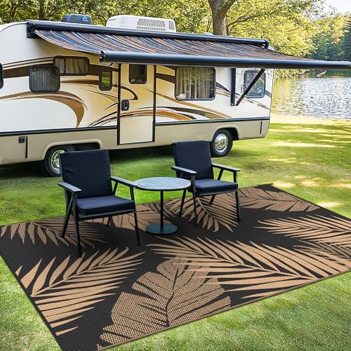 sarben Outdoor Rug 4’x6’ Waterproof for Patio Clearance, Reversible Indoor Outdoor Plastic Straw Camping Rug Carpet, RV Mat, Large Area Rug for Deck, Backyard, Balcony, Porch, Beach, Black & Brown - color: Black & Brown | Waterproof, size: 4' X 6' (Rectan