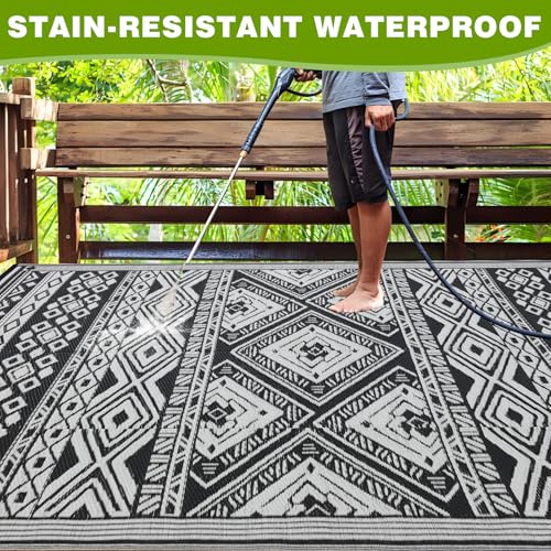YONILE Outdoor Rug 5x8 ft Waterproof, Reversible Outdoor Plastic Straw Rug for Patios Clearance, Outdoor Area Rug Carpet RV Mat for Camping Backyard Deck Porch - color: Black&white- Geometric, size: 5x8ft