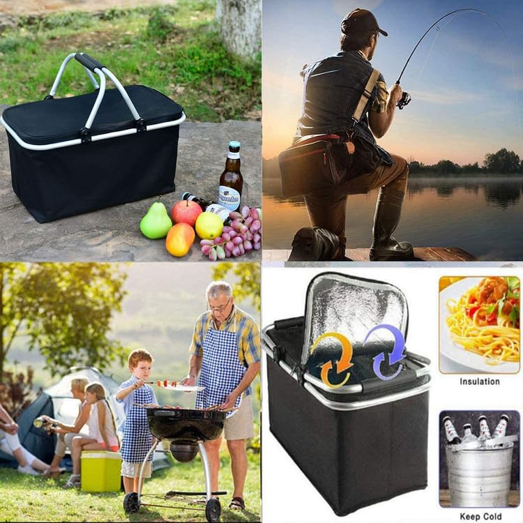 Foldable Insulated Picnic Basket 30L 31.7 QT Large Capacity Cooler Tote with Double Handles Thermal Shopping Basket for Picnic Camping Beach Travel Outdoor Use