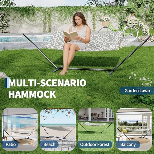 2 Person Outdoor Hammock with Stand, Person Cotton Rope Hammock with Polyester Pad, Portable Hammock with Carrying Bag, for Patio, Garden, Beach, Backyard Camping - color: Grey