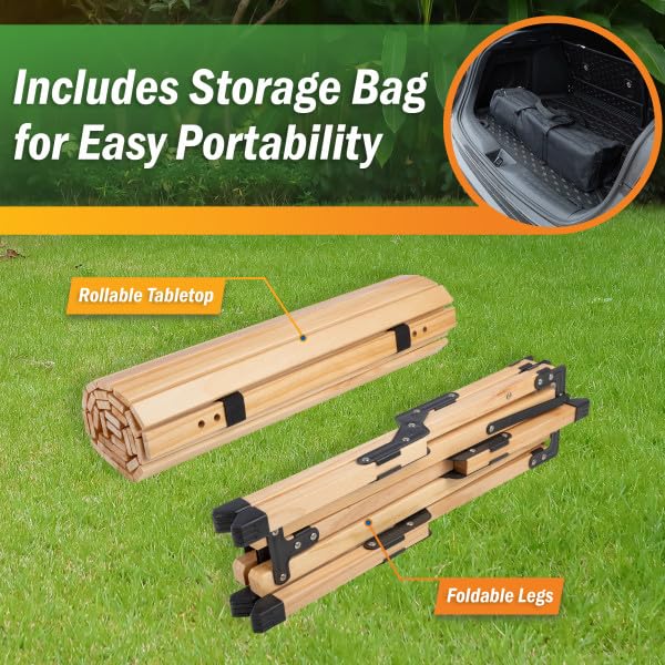 Foldable Camping Table - 4ft Roll-Up Portable Picnic Table with Carry Bag - Indoor/Outdoor Low Height Travel, Party, or Beach Table by Wakeman Outdoors (Natural Wood) - size: Large