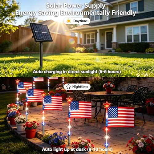 8 Pack Solar American Flag Pathway Lights - Patriotic Red White Blue Outdoor Stake Waterproof LED Lights with 8 Modes, Decorations 4th of July Memorial Day & Independence Day Yard Garden (Style A) - color: Style A