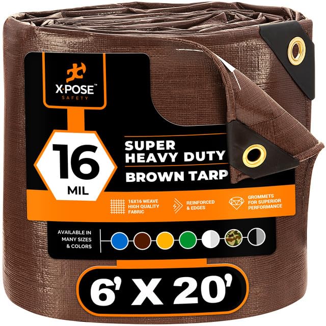 6' x 20' Super Heavy Duty 16 Mil Brown Poly Tarp Cover - Thick Waterproof, UV Resistant, Rip and Tear Proof Tarpaulin with Grommets and Reinforced Edges - by Xpose Safety - color: Brown, size: 6' x 20'