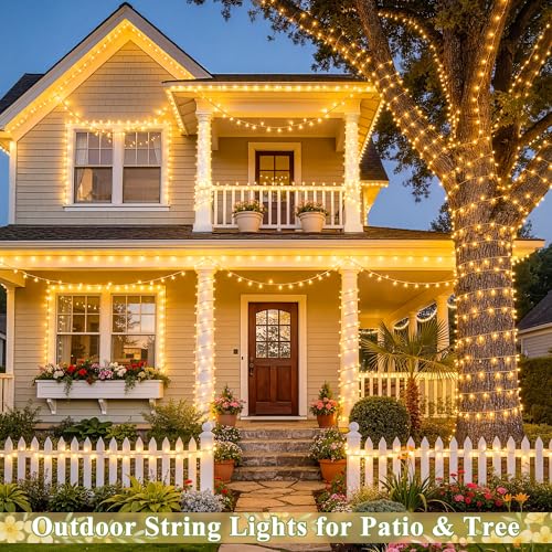 JMEXSUSS 168FT 600 LED String Lights for Outside Clear Wire, Warm White Christmas Lights Outdoor Waterproof, Tree Lights Outdoor Plug in for Patio Wedding Party Holiday Christmas Bedroom Pergola Decor - color: Warm White, size: 600 LED