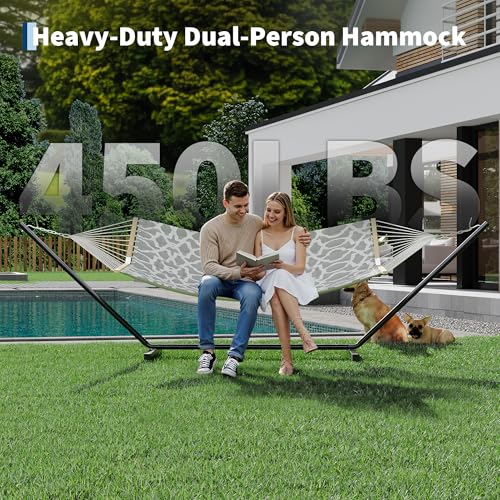 2 Person Double Hammock with Adjustable Steel Stand & Pillow, Heavy Duty Portable Outdoor Hammock Set, MAX 450 LBS Weight Capacity for Patio, Garden, Beach, Backyard - color: V-light Gray Textured