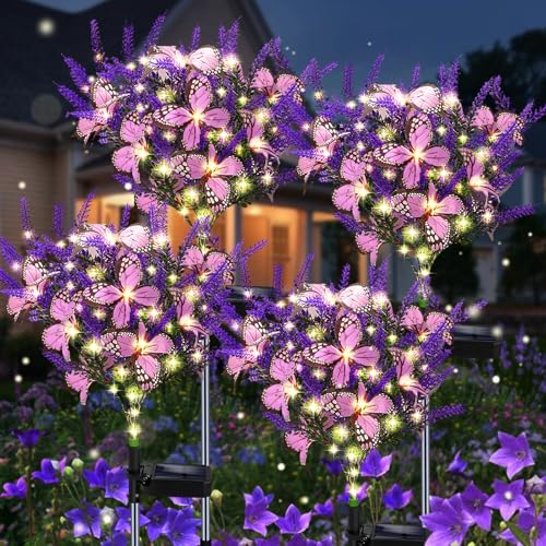 Kohlrabi Solar Garden Lights Outdoor, 4 Pack Purple Lavender Solar Butterfly Lights Gardening Gifts for Women, Artificial Flower with Butterfly Purple Garden Decor for Lawn Patio-Warm White - color: Warm White, size: 4 Pack