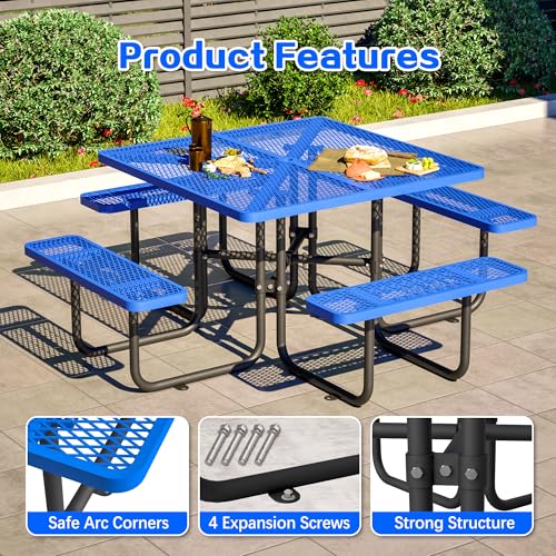 46" Square Metal Picnic Tables for Outdoors with Umbrella Hole - Coated Steel Heavy Duty Commercial Grade Table with Seats, Patio Furniture Set for a Lifetime, Blue - color: Blue-square