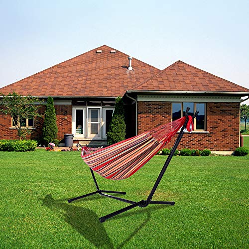 Double Hammock with Steel Stand, Adjustable Hammock Bed,Portable Outdoor Polyester Hammocks Set,2-Person Heavy-Duty Hammocks for Camping Garden Backyard Patio,250lbs Capacity (Red Stripe) - color: Red Stripe