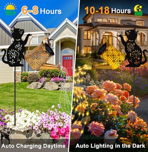 Solar Lights Outdoor Decorative, Watering Can with Cascading Lights, with Cat Silhouette Garden Stakes, Gifts for Mom Women, Waterproof Metal Garden Decor for Yard Art, Outside, Patio, Lawn Ornaments - color: Cat 1 Pack
