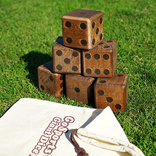 GoSports Giant Wooden Playing Dice Set with Rollzee and Farkle Scoreboard - Includes 6 Dice, Dry-Erase Scoreboard and Canvas Tote Bag - Choose 2.5 Inch or 3.5 Inch Dice) - style: 3.5 Inch Stained Wood Dice
