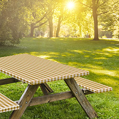 8ft Picnic Table and Bench Cover, Camping Essentials RV Gear, 96 in Waterproof Windproof Outdoor Elastic All Around Tablecloth, Fitted Rectangle Tables and Seats, Coffee-White Checkered - color: Coffee-white Checkered, size: 96"