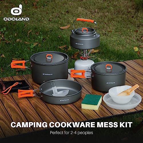 Odoland 15pcs Camping Cookware Non-Stick Lightweight Camping Pots and Pans Set with Kettle Plastic Plates Bowls Soup Spoon for Camping, Backpacking, Outdoor Cooking and Picnic - style: 15pcs W/ Kettle