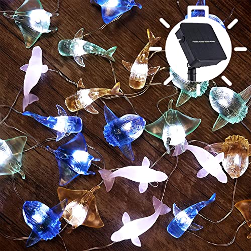 Nautical Solar Lights for Outside Sea Fish Outdoor Garden Decor Marine Fairy Garden Light Waterproof Whale Shark Mola Manta Ocean Solar Outdoor Decorative String Lights 14ft 40LED Patio Yard Decor - style: Ocean fish