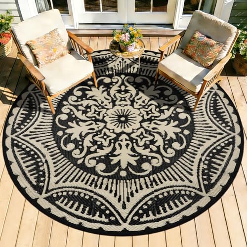 Capslpad 5x5 Floral Outdoor Rug for Patio Clearance Reversible Mat Round Portable Plastic Straw Carpet Waterproof Boho Indoor Outside Area Rugs for RV Camping Picnic Balcony Deck, Black and Brown - color: Black&brown, size: 5' (Round)