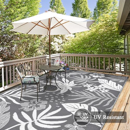 Pauwer Waterproof Outdoor Rug 6x9, Reversible Plastic Straw Patio Camping Rug, Indoor Outdoor RV Mat Carpet for Deck, Camper, Porch, Balcony, Backyard, Picnic, Floral Grey - color: Floral Grey, size: 6' x 9' (Rectangular)