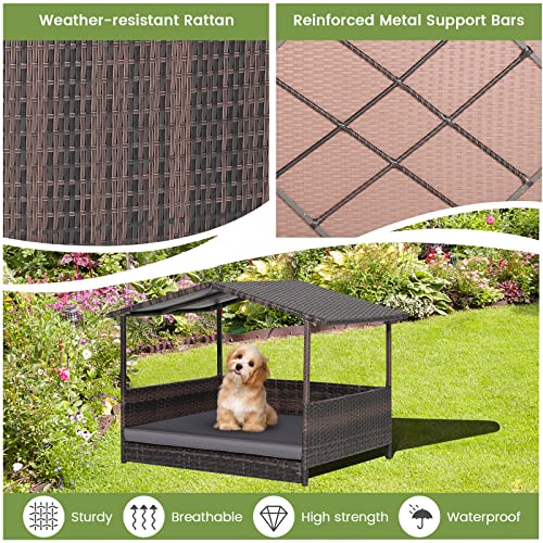 Tangkula Wicker Dog House, Indoor Outdoor Raised Rattan Dog Bed w/Removable Cushion, Washable Cover, Weatherproof Roof, Rattan Puppy Shelter w/Elevated Floor for Small Medium Dogs (Grey) - style: Grey