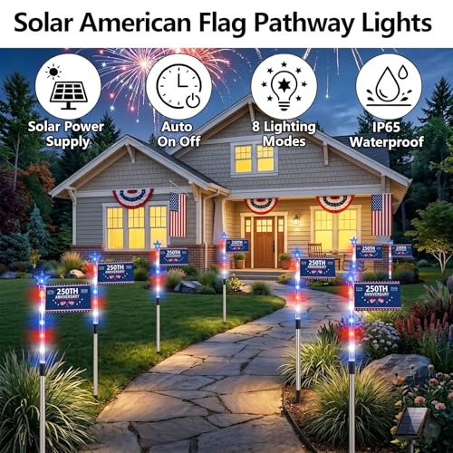 8 Pack Solar American Flag Pathway Lights - Patriotic Red White Blue Outdoor Stake Waterproof LED Lights with 8 Modes, Decorations 4th of July Memorial Day & Independence Day Yard Garden (Style C) - color: Style C
