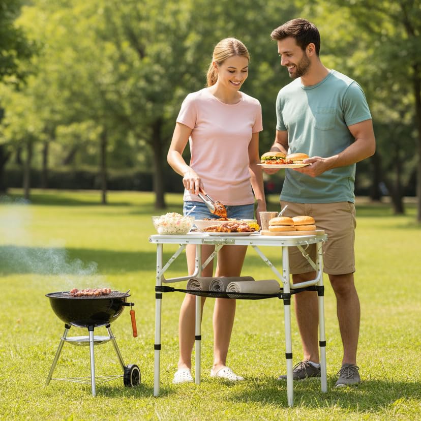 YUFIFAIRY Small Folding Table Portable, 24''L x16''W Foldable Camp Table with 3 Adjustable Height, Indoor Outdoor Lightweight Aluminum for Outdoor Cooking Picnic(10"/19"/27.5" - color: Silver, size: 24''l X16''wx27"h
