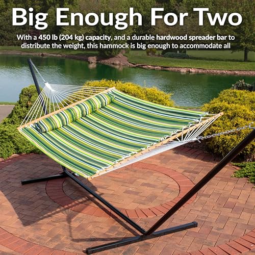 Sunnydaze Quilted Double Hammock for Outside with Spreader Bars and Pillow - 450 lb Capacity, 74x55 Inch Bed, UV Resistant, Quick Dry - Chains Included, Stand Sold Separately - Melon Stripe - color: Melon Stripe