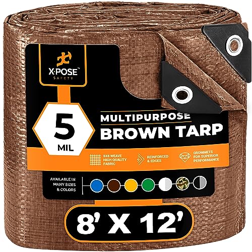Multipurpose Protective Cover Brown Poly Tarp 8' x 12' - Durable, Water Resistant, Weather Resistant - 5 Mil Thick Polyethylene - by Xpose Safety - color: Brown, size: 8 Feet X 12 Feet