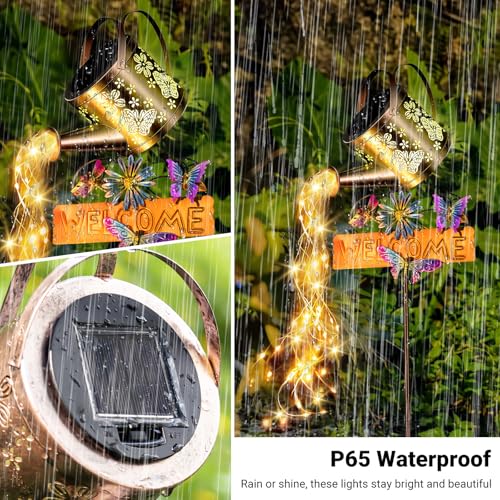 Solar Watering Can Light, Solar Lights Outdoor Decor, Garden Decor Lights for Yard, IP65 Waterproof Hanging Lantern Lights, Gifts for Women Mom, for Yard Patio Lawn Pathway Landscape - color: yellow-welcome