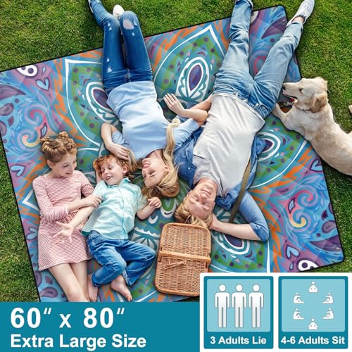 60x80 Large Boho Picnic Blankets Outdoor Water Proof Sand Proof Beach Blanket Packable Patio Grass Park Camping Mats Camper Hiking Must Haves Gifts Car Road Trip Gear Outside Rv Travel Stuff - color: Blue and Green Mandala, size: 6'8" x 5' (Rectangular)