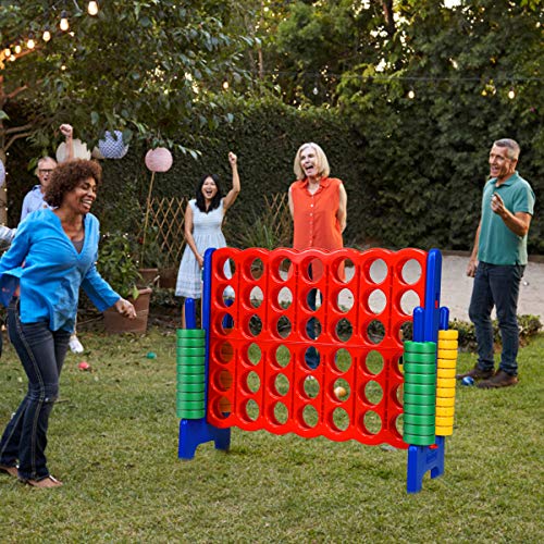 COSTWAY Jumbo 4-to-Score Giant Game Set, 4 in A Row for Kids and Adults, 3.5FT Tall Indoor & Outdoor Game Set with 42 Jumbo Rings & Quick-Release Slider, Perfect for Holiday Party & Family Game - color: Blue