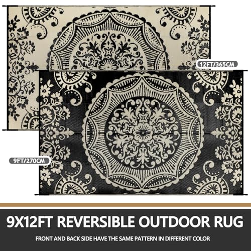 Capslpad Outdoor Rug 9x12 Patio Waterproof Boho Floral Plastic Straw Rug Large Foldable Vintage Outside Carpet with Carry Bag for RV Backyard Balcony Bench Picnic Porch, Camel - color: Black&brown, size: 9' x 12' (Rectangular)