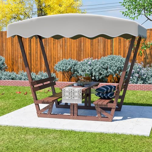 Outdoor Wooden Picnic Table with Removable Sunshade Canopy & Benches All-Weather Solid Wood Patio Dining Set for 4 6 Person Perfect for Backyard, Deck, Park, and Beach Brown - size: Table With Canopy