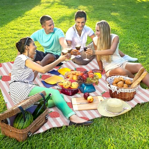 Strawberry Strip Lightweight Beach Blanket Waterproof Sandproof 59"X68" Sand Free Beach Mat with 4 Stakes Compact Outdoor Blanket for Beach Quick Drying Picnic Mat for Travel Camping