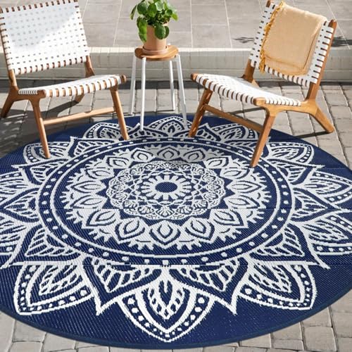 famibay 5 Ft Round Outdoor Rug, Boho Round Patio Rug Waterproof, Outdoor Plastic Straw Rug Camping Rug RV Rugs for Outside Lightweight Portable Reversible Outdoor Carpet for Patio Backyard Porch - color: Dark Blue, size: Round 5ft