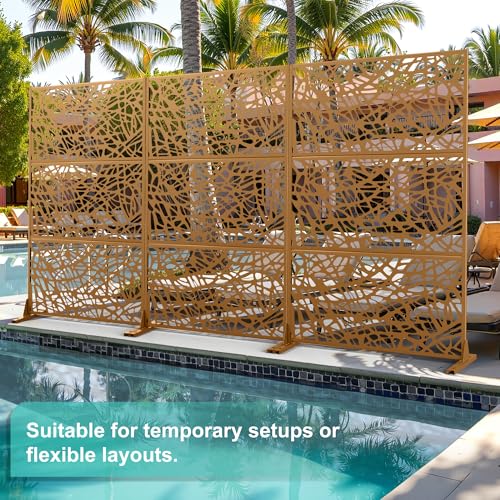 Modern Metal Privacy Screen, Patio Outdoor Privacy Panels with Stand, Freestanding Outdoor Divider for Yard, Deck＆Garden(71.3"*47.3"*15.7") - color: Brown,Leaf Vein