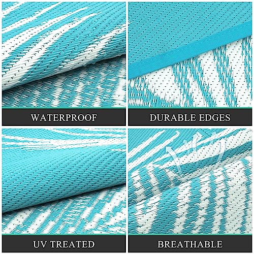 Pauwer Waterproof Outdoor Rug 6x9, Reversible Plastic Straw Patio Camping Rug, Indoor Outdoor RV Mat Carpet for Deck, Camper, Porch, Balcony, Backyard, Picnic, Leaf Teal - color: Leaf Teal, size: 6' x 9' (Rectangular)